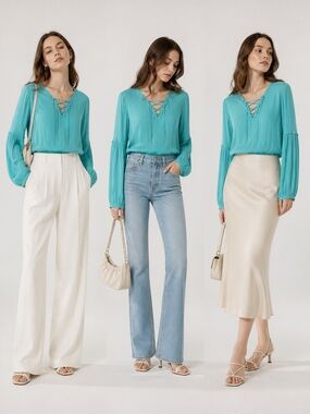 Philosophy Teal Lace-Up V-Neck Blouse
